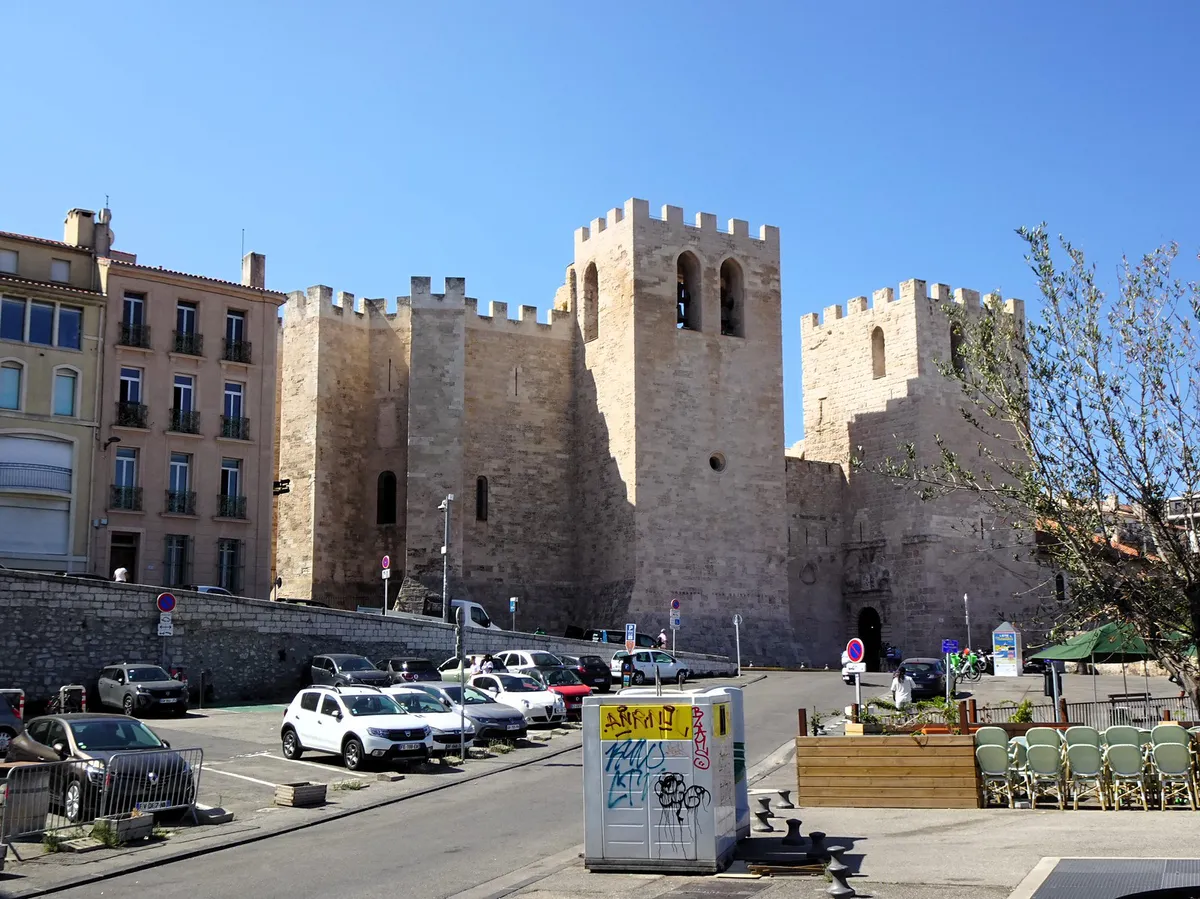 The fortified Romanesque towers of the Abbaye Saint-Victor in Marseille, near the Vieux-Port