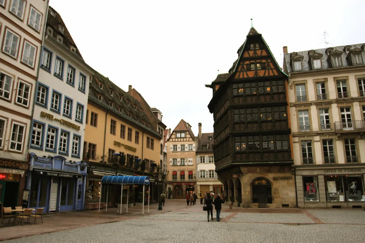 Maison Kammerzell in Strasbourg, the carved 1589 half-timbered merchant house with bottle-glass windows on Place de la Cathedrale beside the cathedral