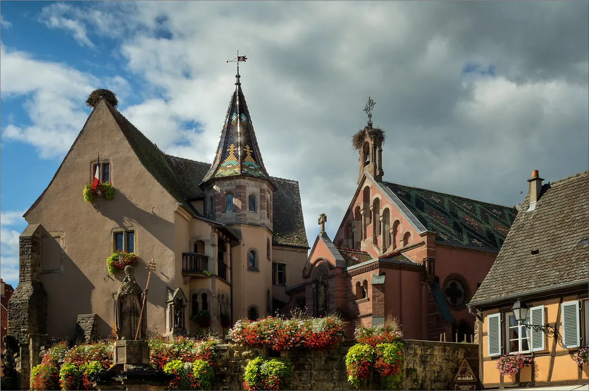 Medieval Eguisheim village in Alsace with half-timbered houses and wine cellars