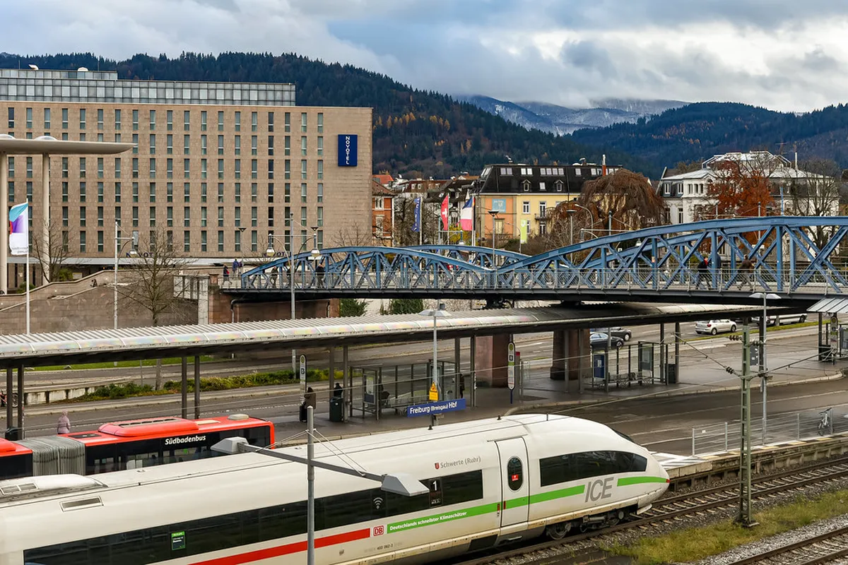 Freiburg train station platform with regional train