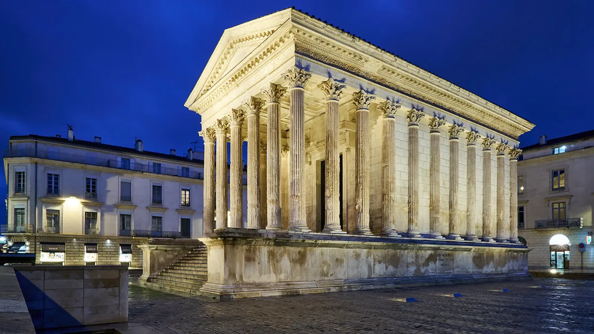 Ancient Maison Carrée temple in Nîmes with Roman columns