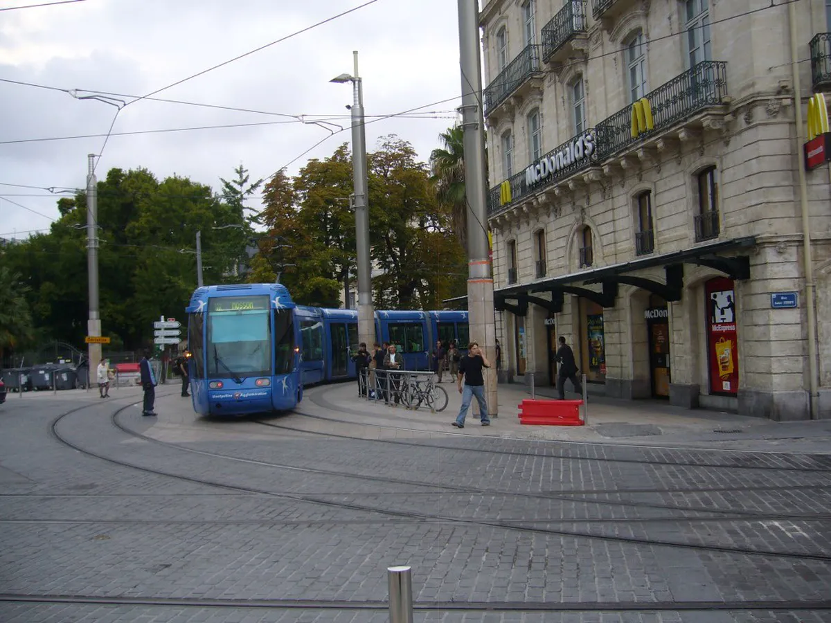 Montpellier's colorful tram line 1 passing through the city center