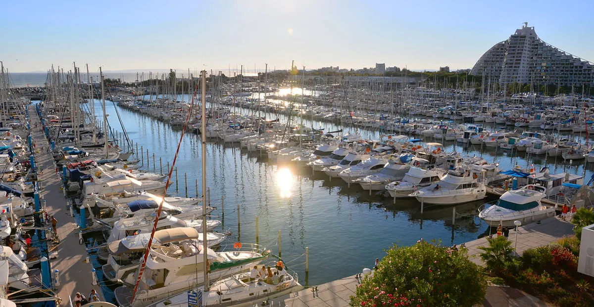 La Grande-Motte marina with sailboats and Mediterranean coastline