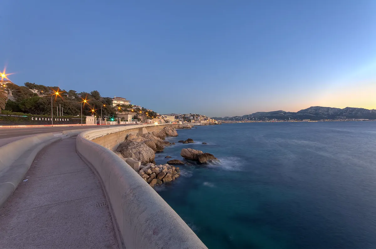 Marseille Corniche Kennedy coastal promenade with Mediterranean sea and elegant waterfront promenade