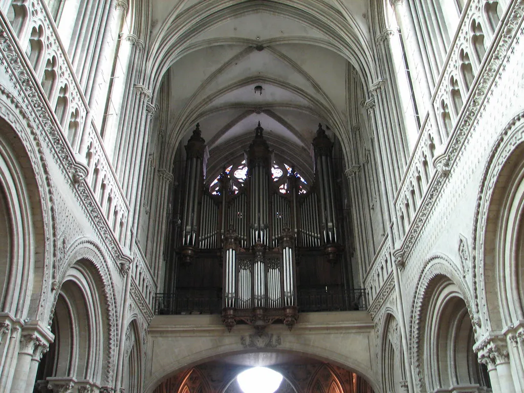 View of the soaring Gothic interior and great organ of the cathedral in Montpellier, southern France