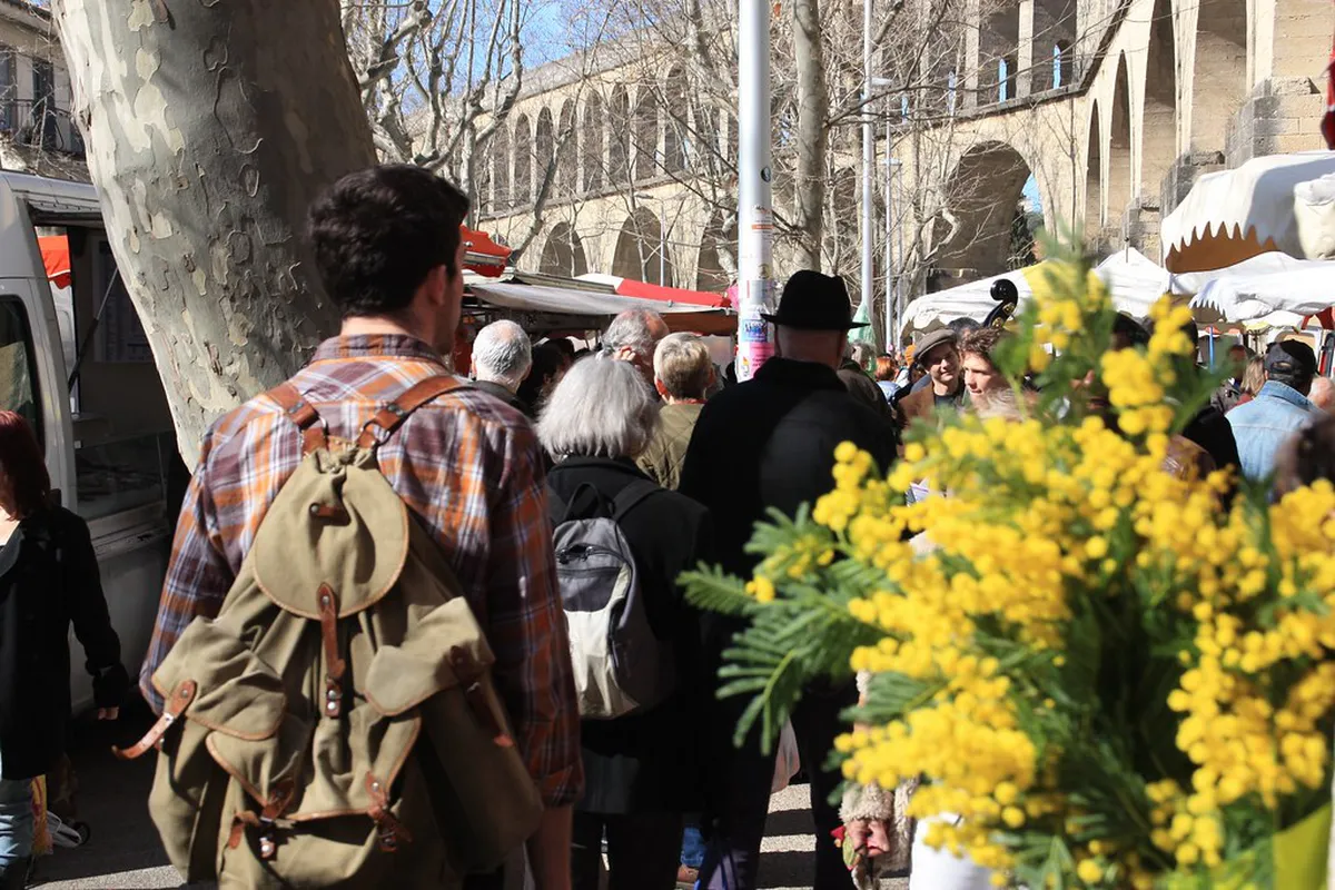 Montpellier Marche des Arceaux outdoor market under historic Saint-Clement aqueduct arches
