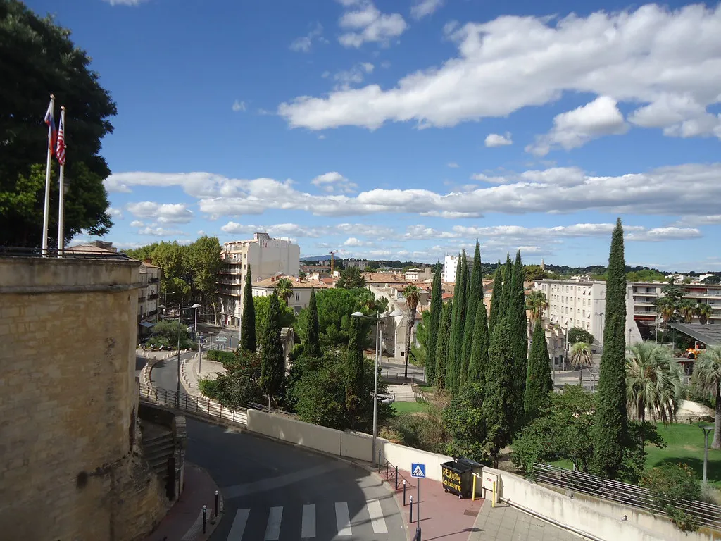View of a sunlit square in the historic centre in Montpellier, southern France