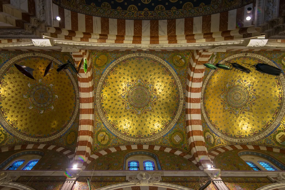 Golden mosaic ceiling inside Notre-Dame de la Garde basilica, Marseille
