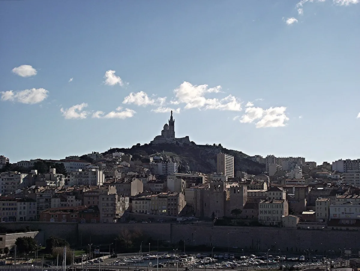Panoramic view of Marseille harbor and Old Port from Notre-Dame de la Garde terrace