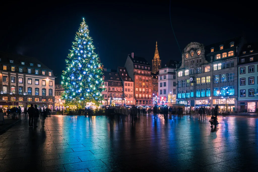 Strasbourg old town illuminated along the canals at night, Alsace