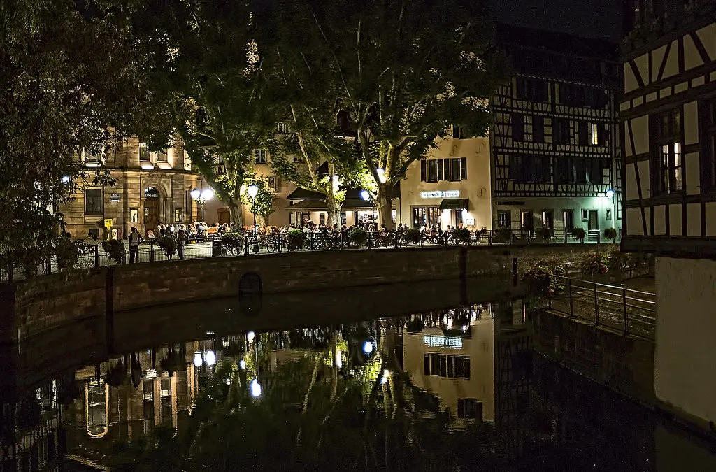 Riverside hotels and timbered facades in central Strasbourg, Alsace